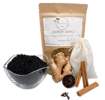 Brew it yourself elderberry syrup kit contains organic elderberries, cloves, ginger root, Ceylon cinnamon. Just add your own sweetener! 